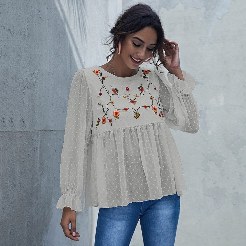

Floral Embroidery Yoke Swiss Dot Peplum Top, White