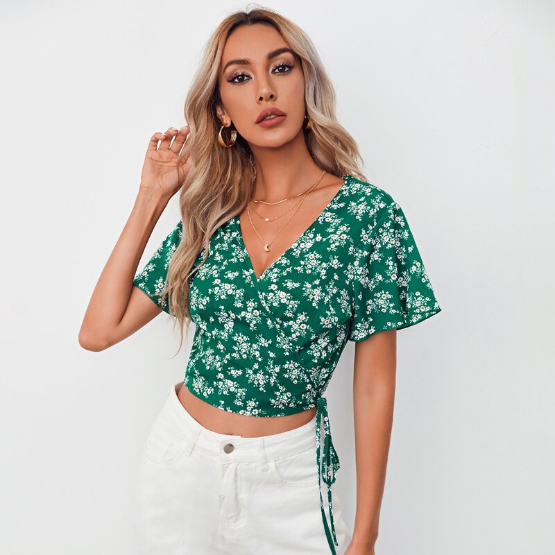 

Floral Print Wrap Crop Blouse, Multicolor