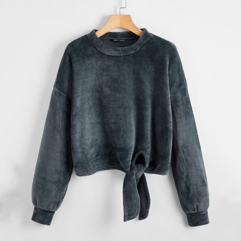 

Drop Shoulder Knot Front Shearling Sweatshirt, Grey