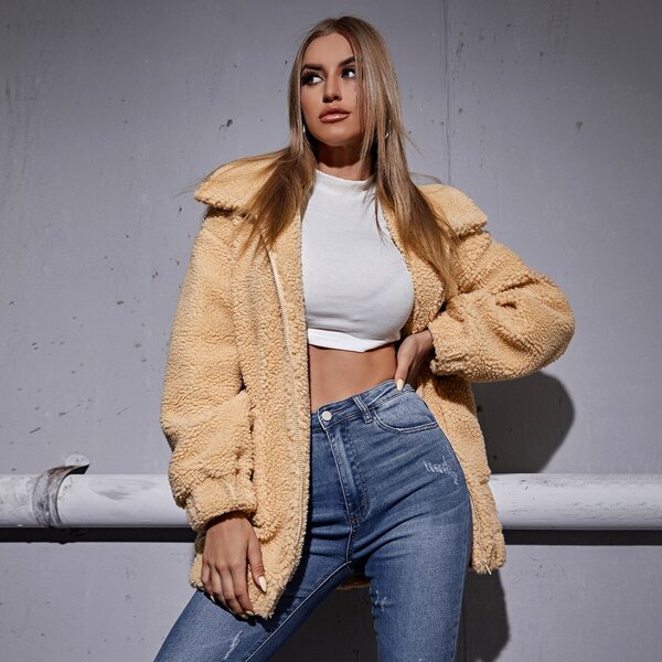 

Zip Up Double Pocket Teddy Jacket, Khaki