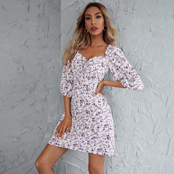 

Ditsy Floral Print Puff Sleeve Shirred A-line Dress, Multicolor