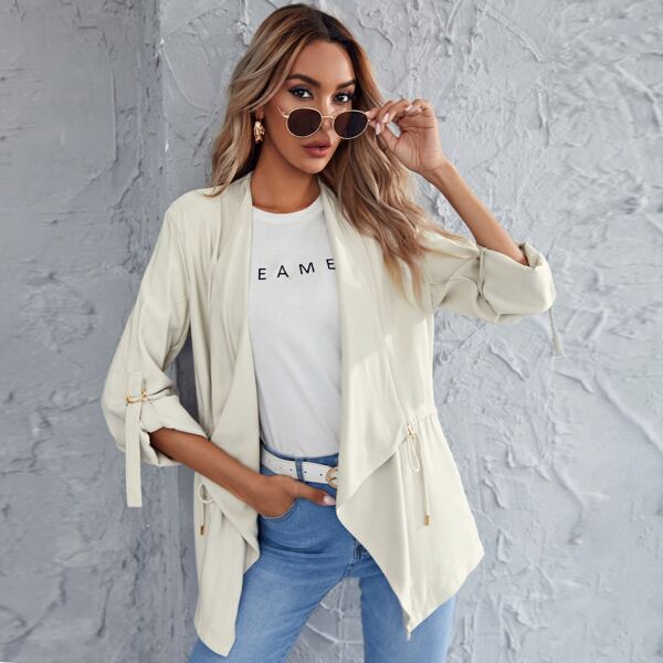 

Waterfall Collar Roll-up Sleeve Drawstring Waist Coat, Beige