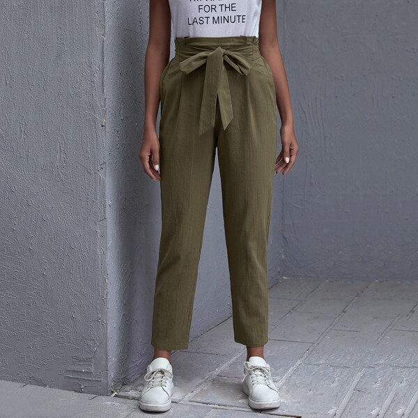 

Solid Tie Front Pants, Army green