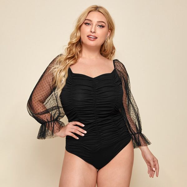 

Plus Dobby Mesh Sleeve Ruched Front Bodysuit, Black