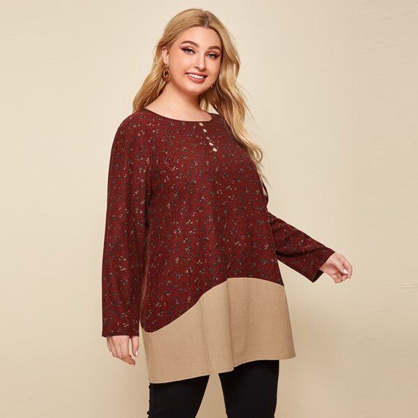 

Plus Ditsy Floral Contrast Panel Blouse, Burgundy