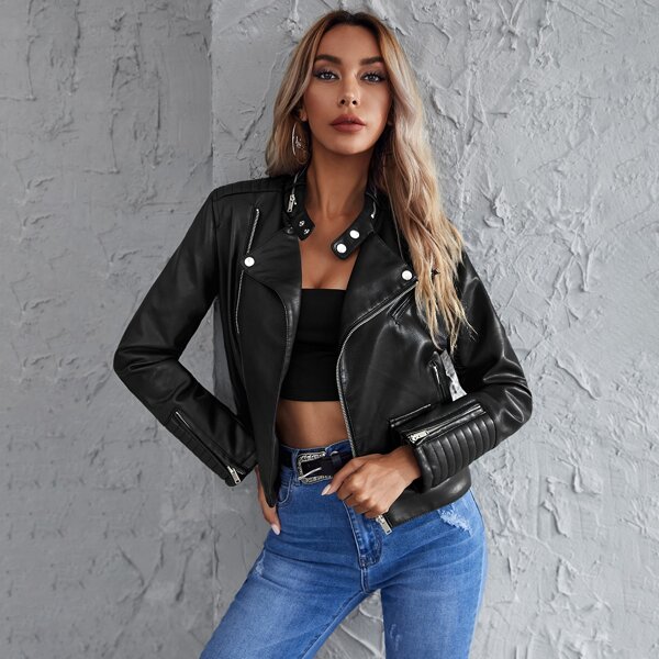 

Solid Zip Up PU Leather Moto Jacket, Black