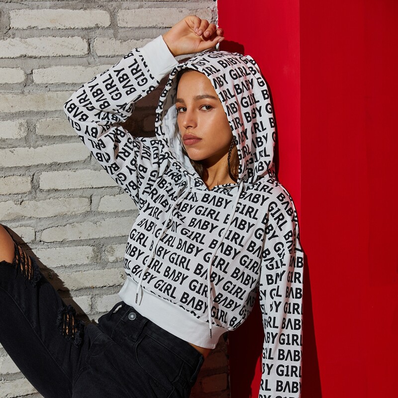

Letter Graphic Drawstring Hoodie, Black and white