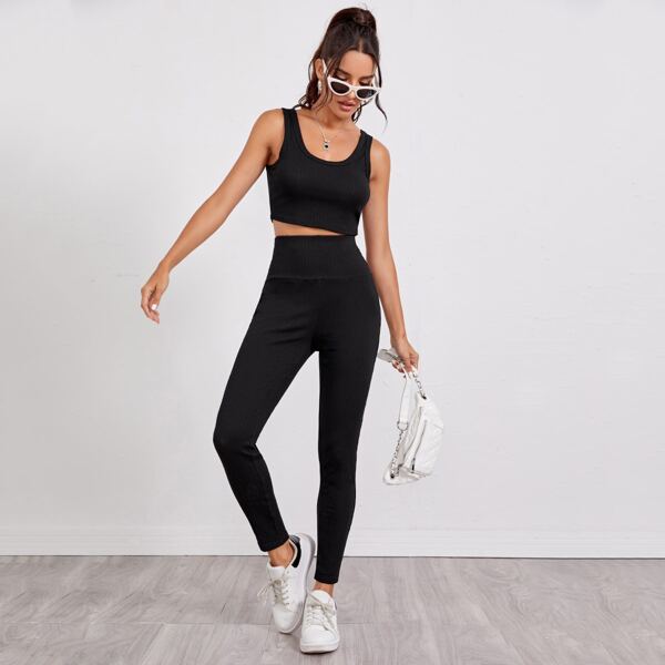 

Rib Knit Tank Top & Leggings Set, Black