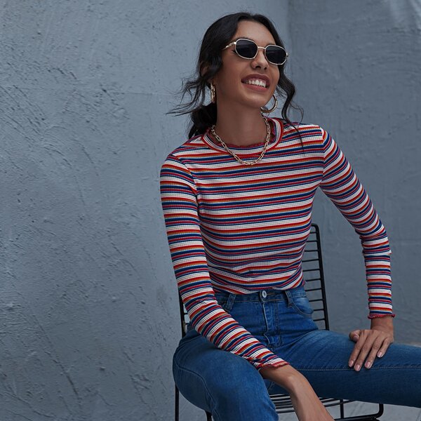 

Lettuce Trim Rib-knit Colorful Striped Top, Multicolor
