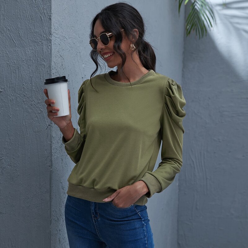 

Leg-of-mutton Sleeve Solid Pullover, Army green