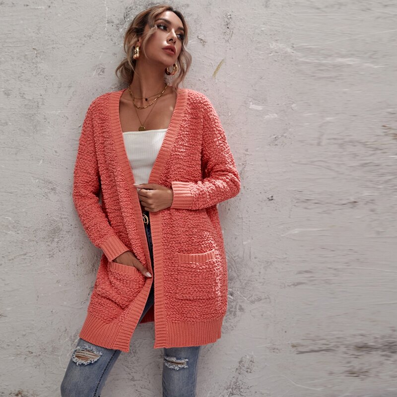 

Solid Dual Pocket Open Front Cardigan, Coral orange
