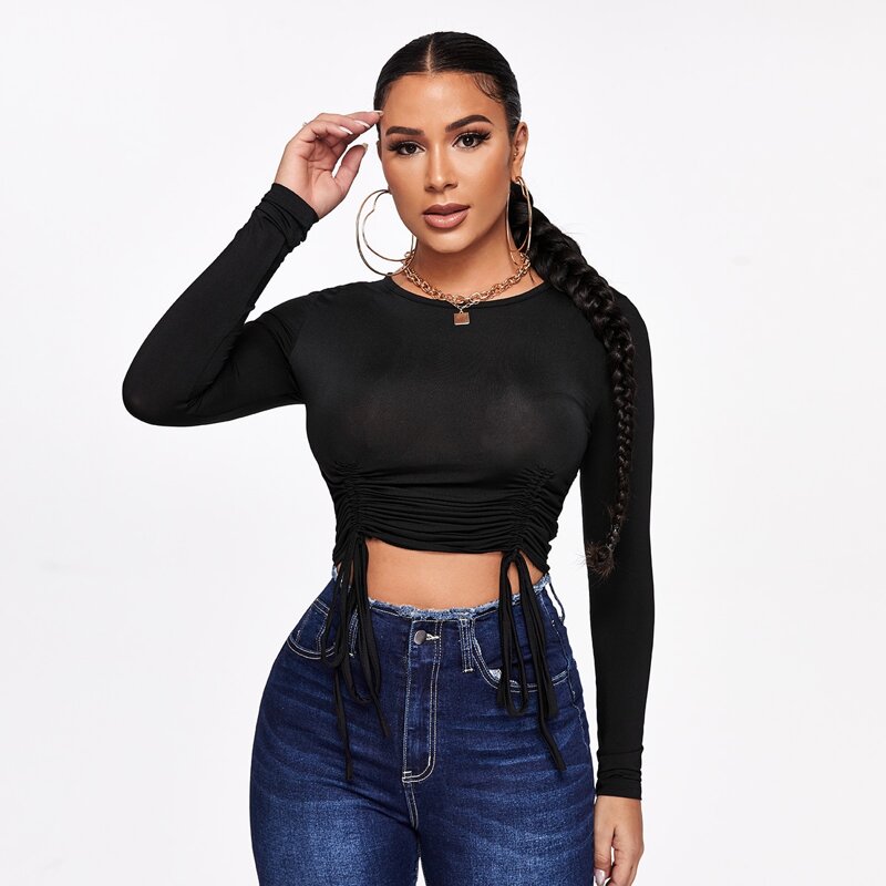 

Solid Drawstring Front Crop Tee, Black