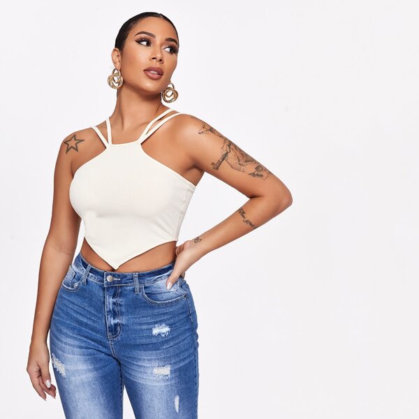 

Solid Double Straps Crop Cami Top, White