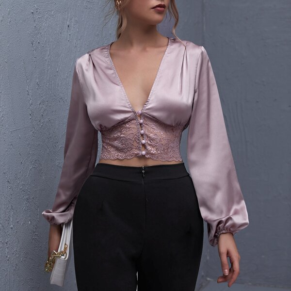 

Plunging Neck Buttoned Front Lace Hem Satin Blouse, Mauve purple