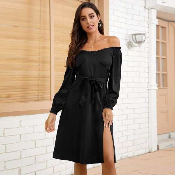 

Off Shoulder Split Thigh Belted Dress, Black