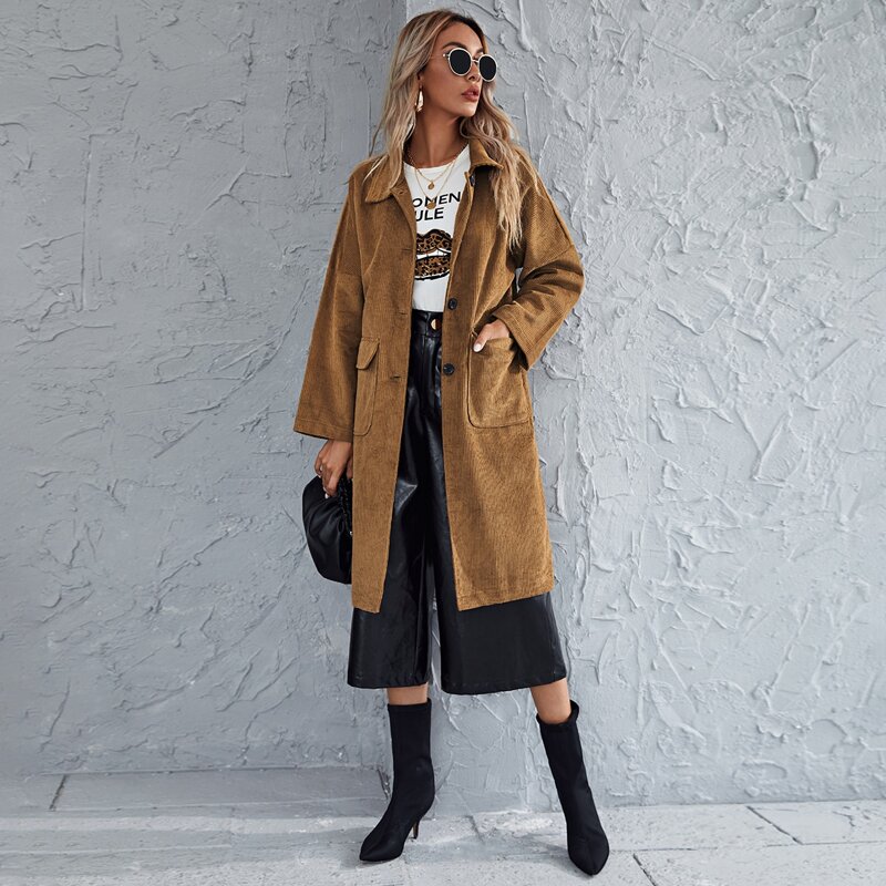 

Drop Shoulder Flap Pocket Corduroy Coat, Brown