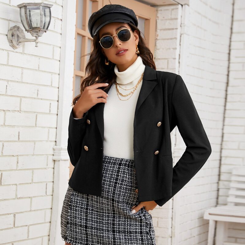

Double Button Lapel Neck Blazer, Black