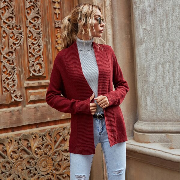 

Ribbed Knit Self Tie Cardigan, Burgundy