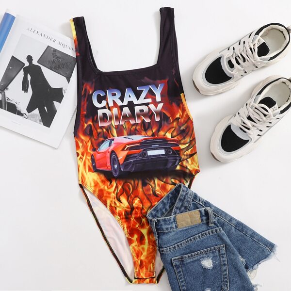 

Letter and Fire Print Tank Bodysuit, Multicolor