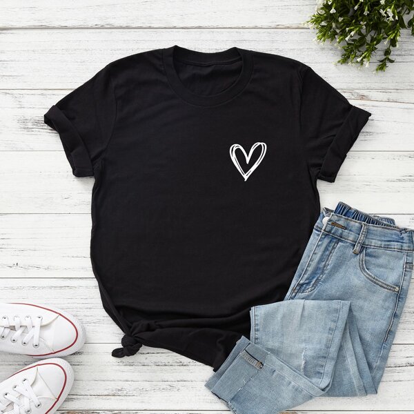 

Plus Heart Print Short Sleeve Tee, Black