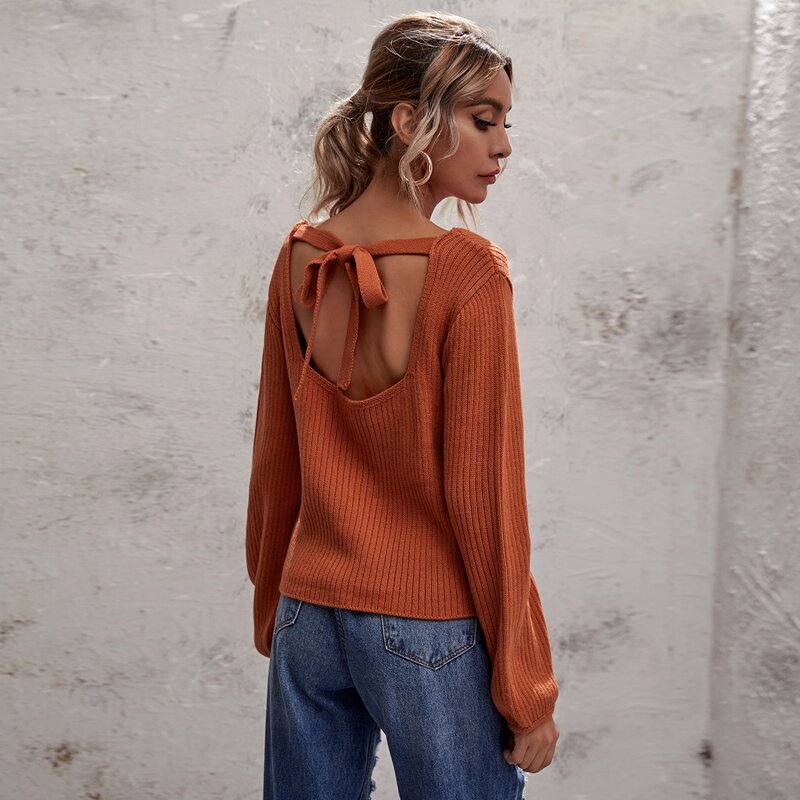 

Cut Out Tie Back Square Neck Sweater, Burnt orange