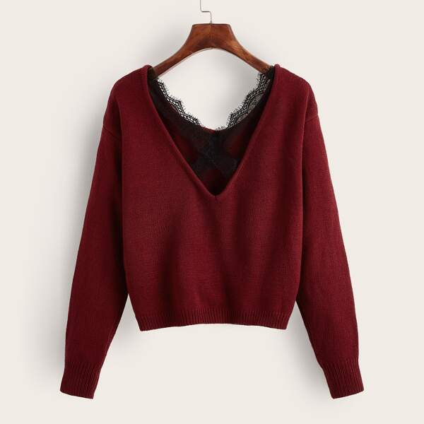 

Contrast Lace V Neck Sweater, Burgundy