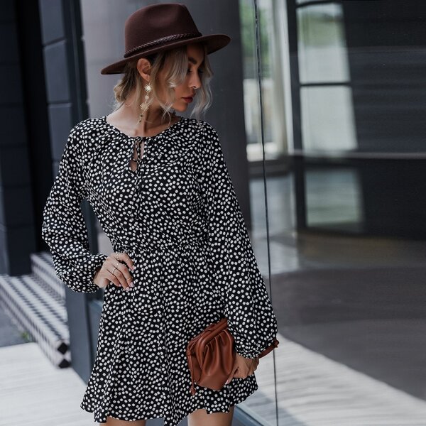 

Tie Neck Ditsy Floral Bishop Sleeve A-line Dress, Black