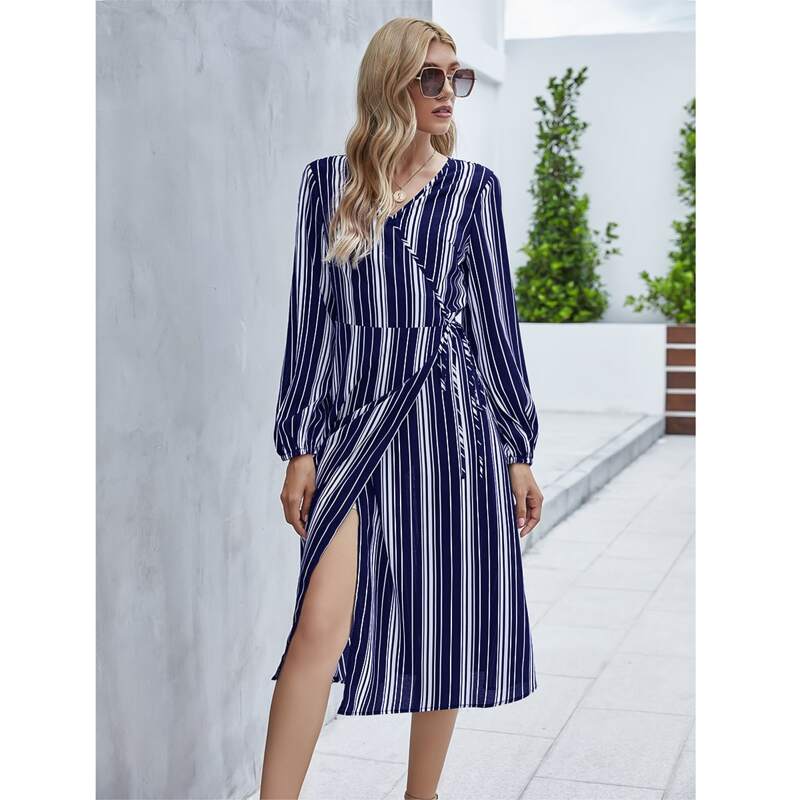 

Surplice Neck Striped Tie Side Wrap Dress, Blue and white