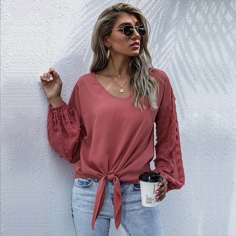 

Knot Hem Contrast Swiss Dot Mesh Sleeve Blouse, Dusty pink