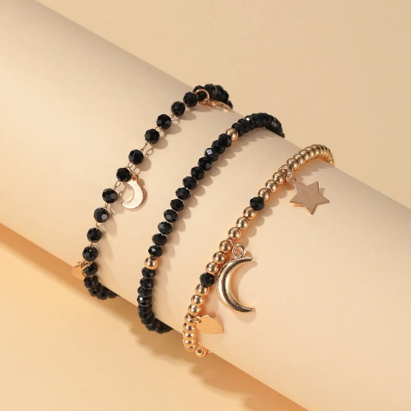 

3pcs Star & Moon Beaded Bracelet, Multicolor