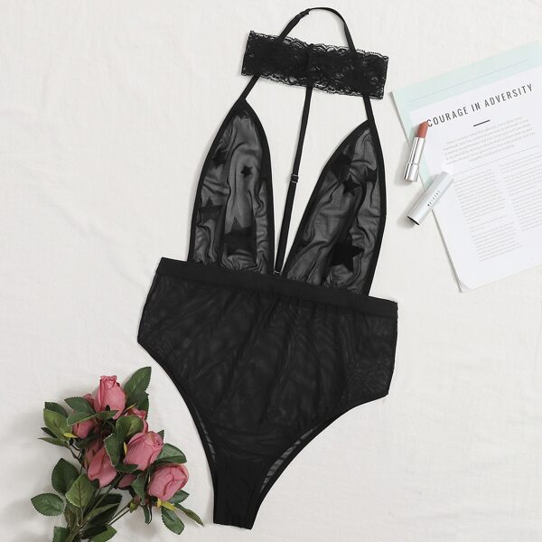 

Sheer Mesh Star Choker Teddy Bodysuit, Black