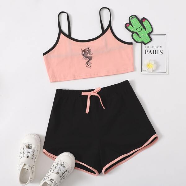 

Girls Chinese Dragon Graphic Contrast Binding Cami Top and Shorts Set, Multicolor