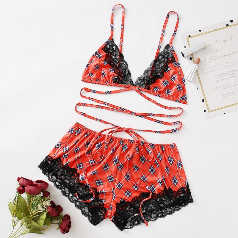 

Plaid Lace Trim Triangle Lingerie Set, Red