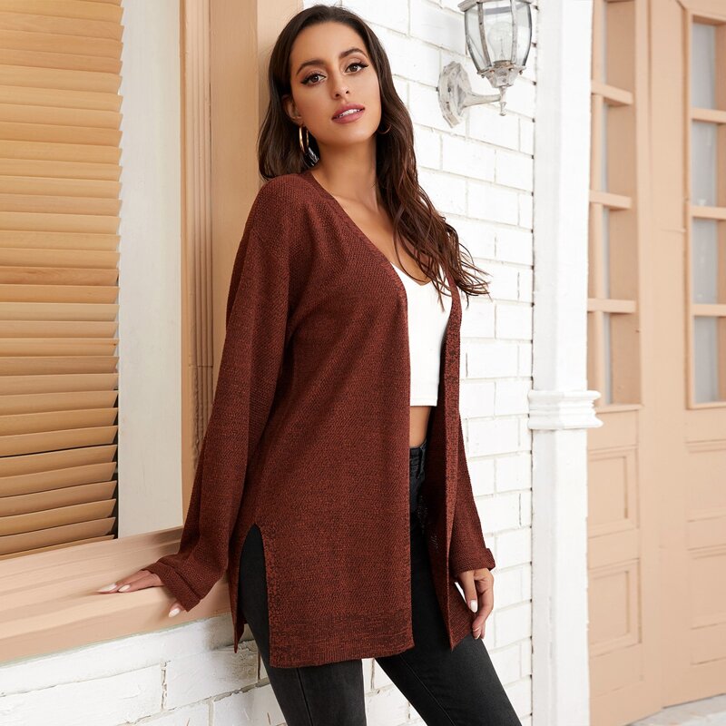 

Open Front Split Hem Solid Cardigan, Rust brown