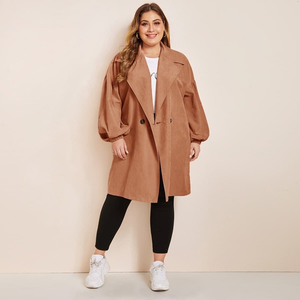 

Plus Lantern Sleeve Double Button Coat, Brown