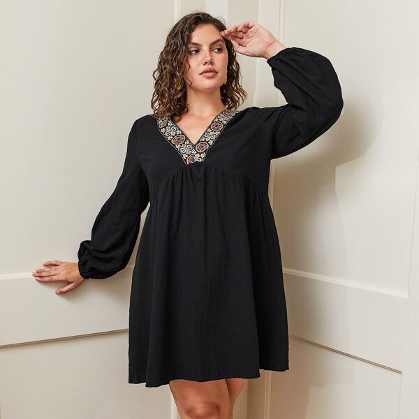 

Plus Embroidered Detail Lantern Sleeve Smock Dress, Black
