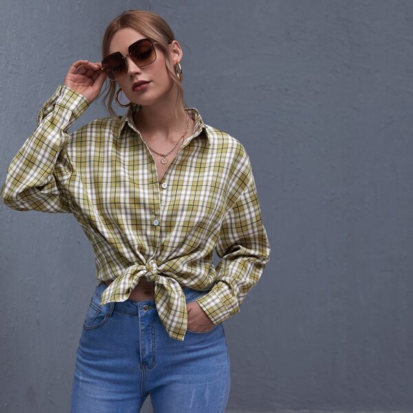 

Curved Hem Tartan Longline Blouse, Khaki