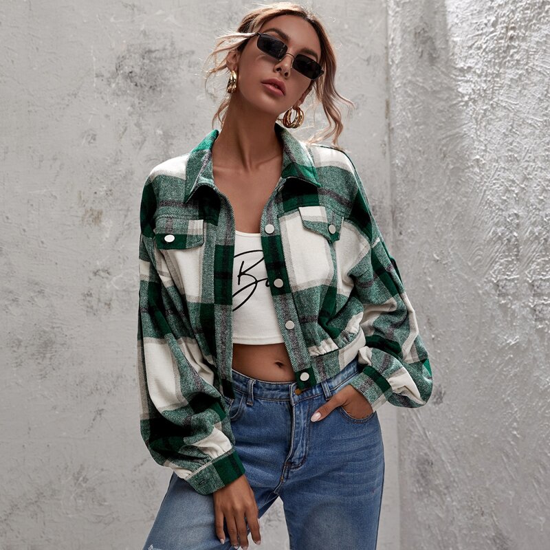 

Plaid Bishop Sleeve Fake Pocket Jacket, Multicolor
