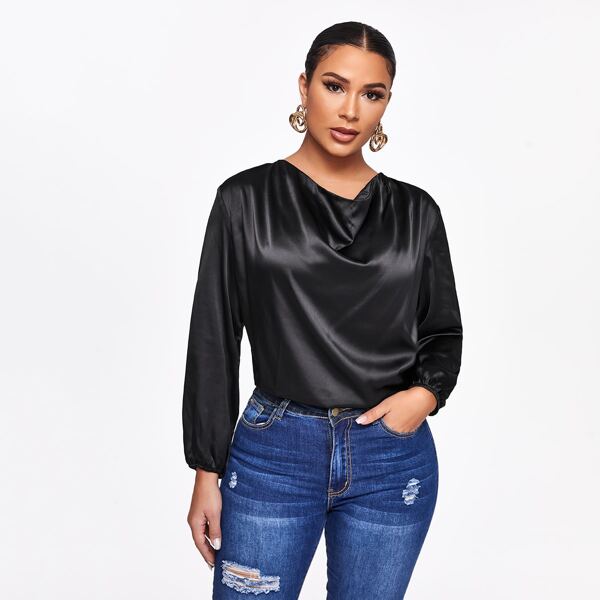 

Cowl Neck Solid Satin Blouse, Black