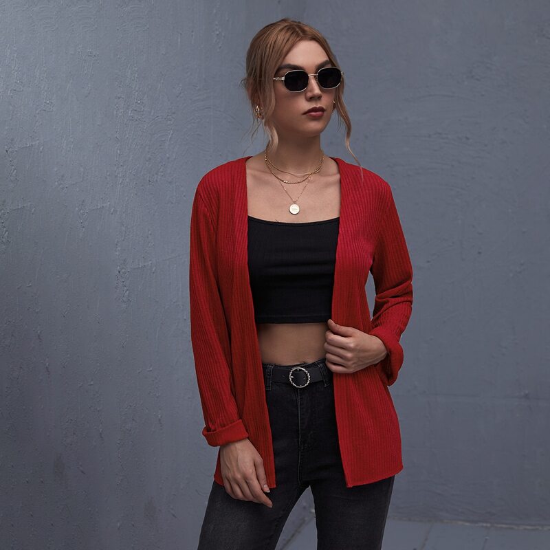 

Ribbed Open Front Solid Coat, Burgundy