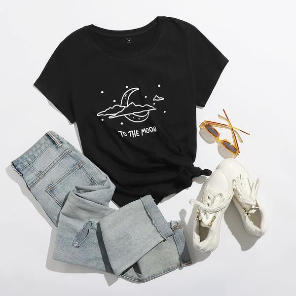 

Moon And Letter Graphic Tee, Black