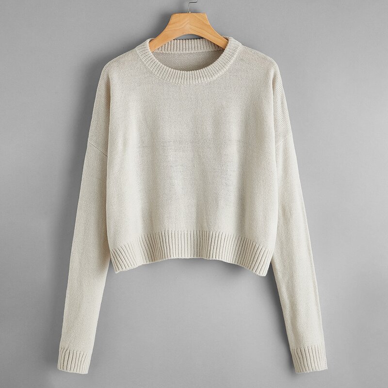 

Solid Crop Sweater, Beige