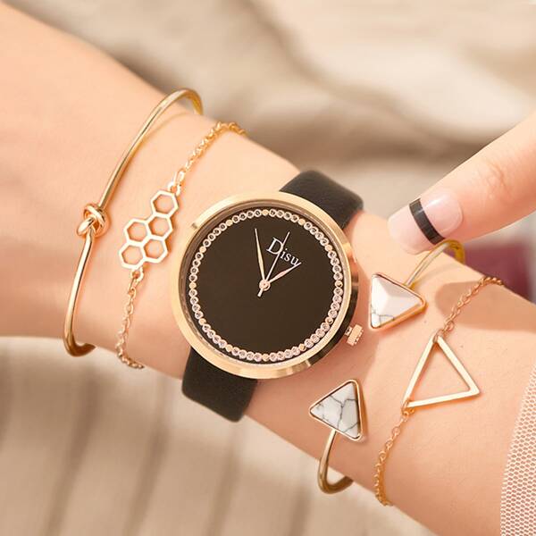 

1pc PU Strap Pointer Watch & 4pcs Bracelet