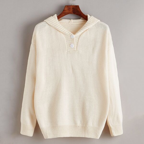 

Solid Drop Shoulder Hooded Sweater, Beige