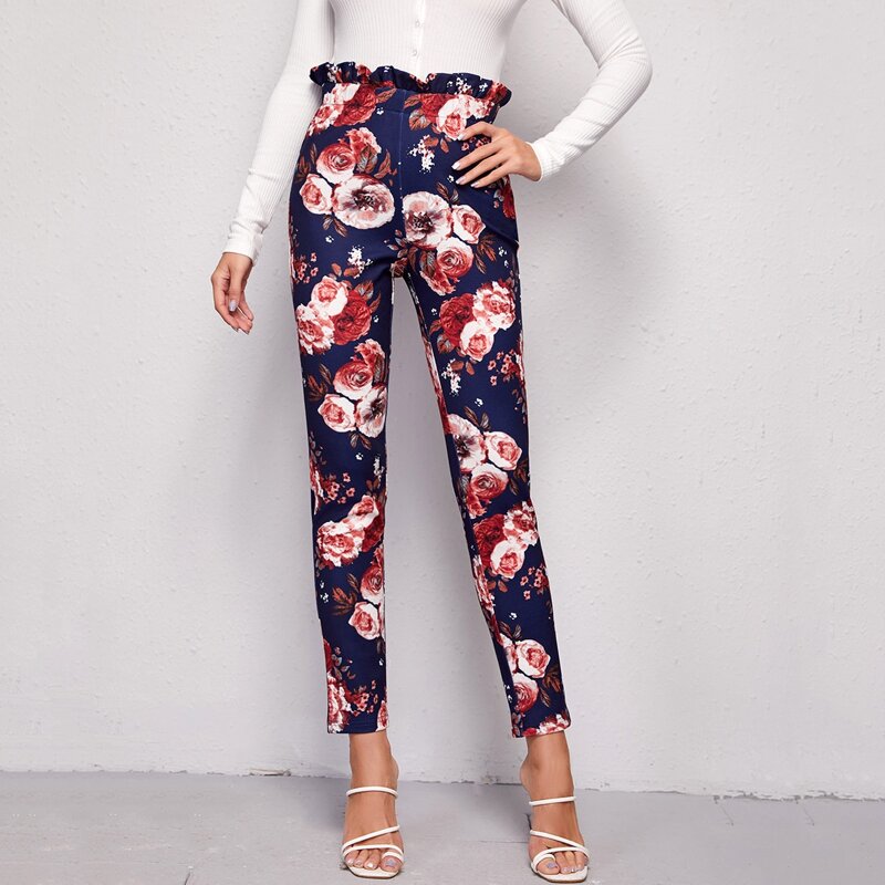 

Paperbag Waist Floral Print Pants, Multicolor