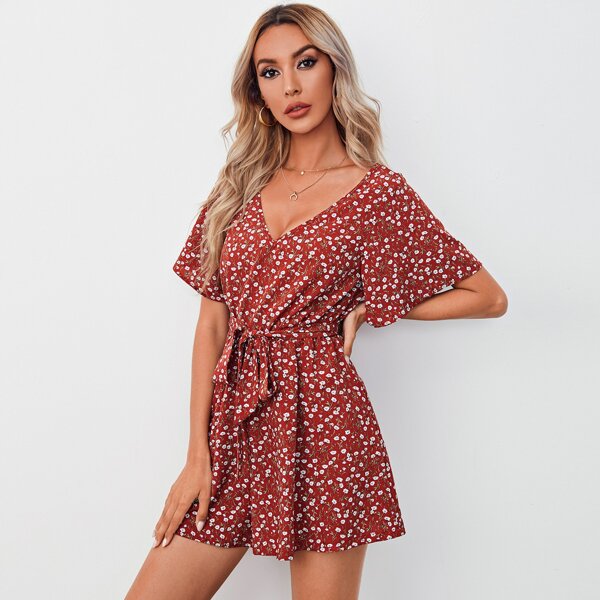

Ditsy Floral Print Belted Romper, Burgundy