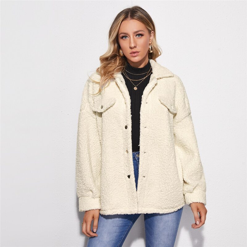 

Single Breasted Flap Detail Teddy Coat, Beige