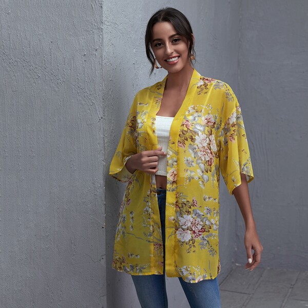 

Drop Shoulder Split Side Sheer Floral Kimono, Yellow