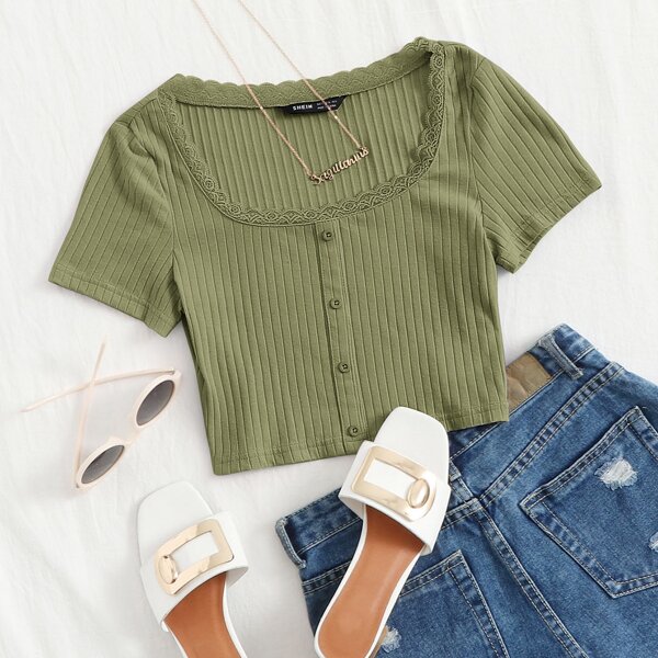 

Button Front Lace Trim Rib-knit Tee, Army green