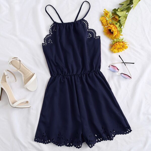 

Scallop Edge Laser Cut Crisscross Back Cami Romper, Navy blue